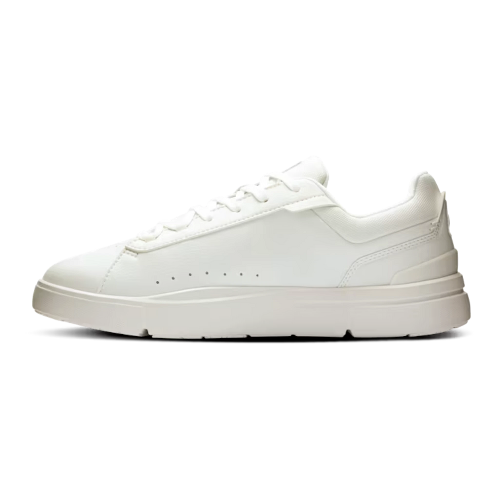 HypeSelection On THE ROGER Advantage white vegan leather tennis sneaker with tonal CloudTec sole in side profile view.