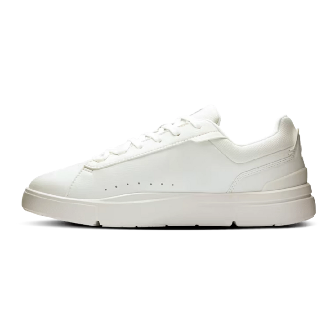 HypeSelection On THE ROGER Advantage white vegan leather tennis sneaker with tonal CloudTec sole in side profile view.
