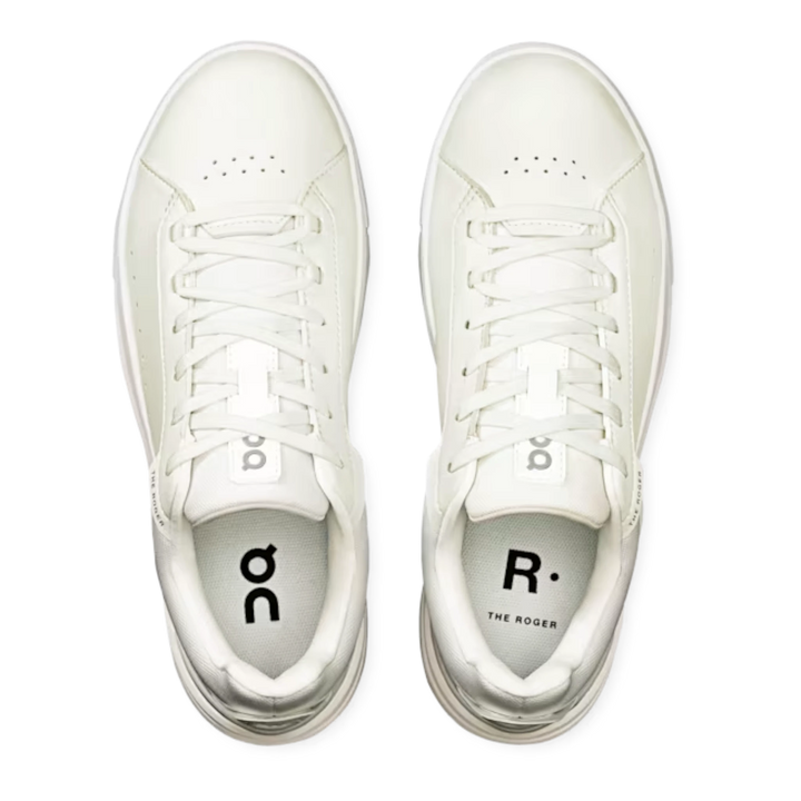 HypeSelection pair of all-white On THE ROGER Advantage tennis sneakers viewed from above showing vegan leather upper