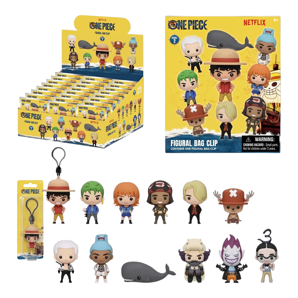 HypeSelection One Piece Netflix Series 2 3D foam bag clips featuring chibi character figures and display box.