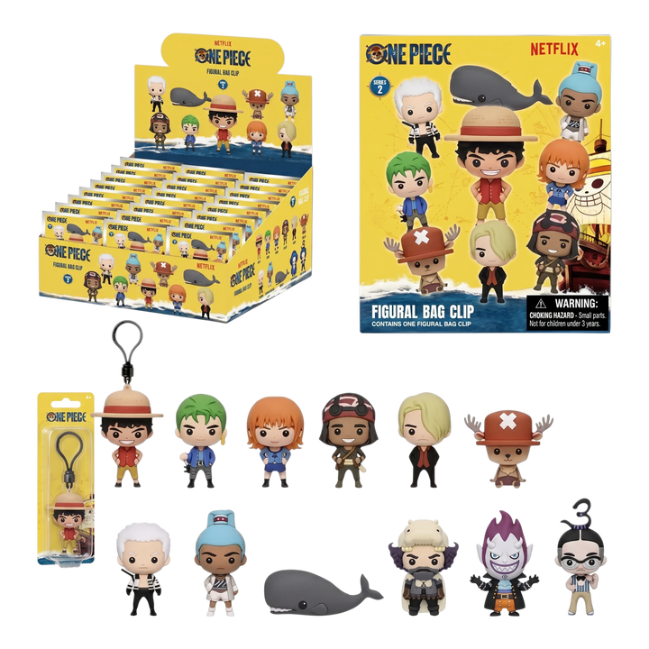 HypeSelection One Piece Netflix Series 2 3D foam bag clips featuring chibi character figures and display box.