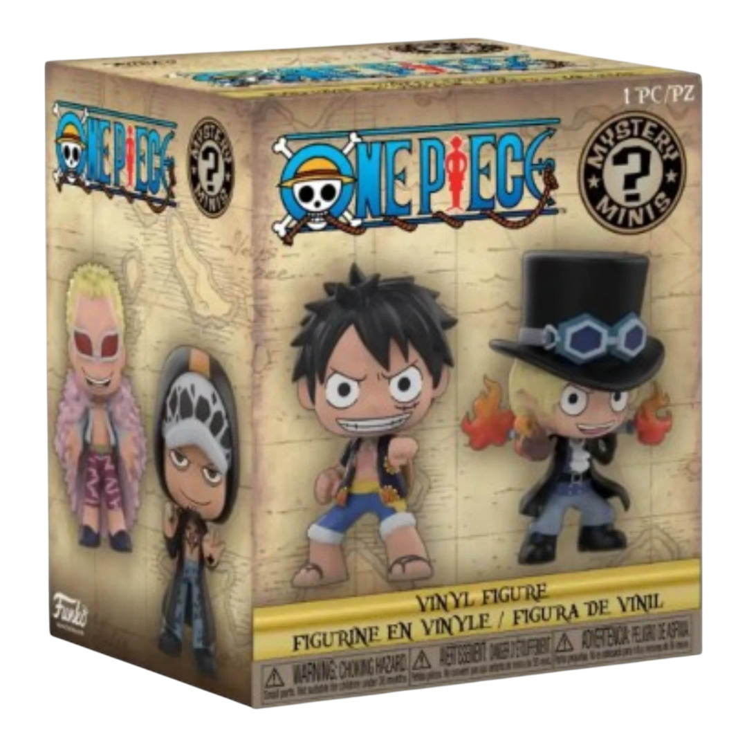 HypeSelection Funko Mystery Mini One Piece blind box featuring vinyl figures of Doflamingo, Law, Luffy, and Sabo.
