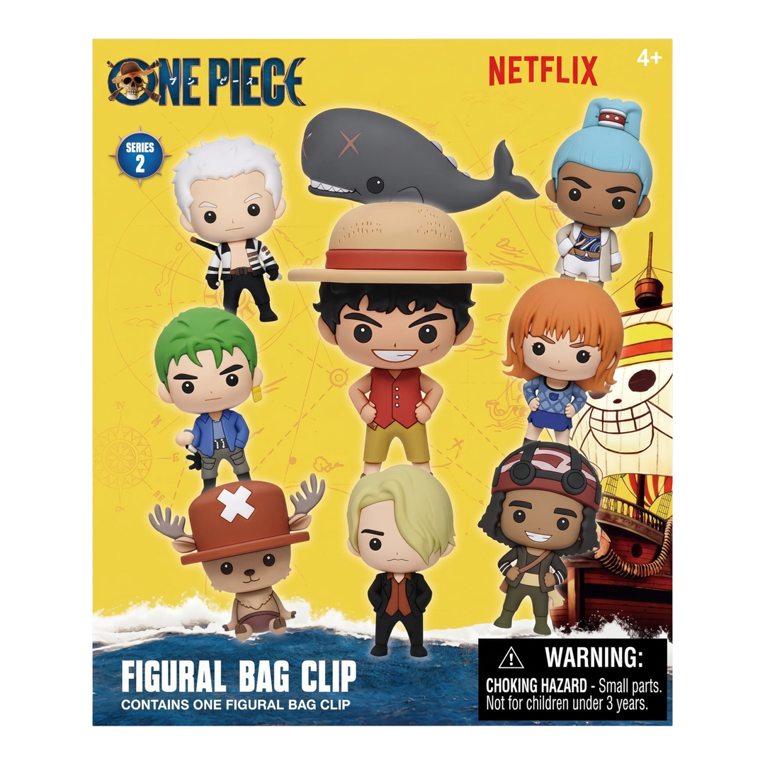 HypeSelection One Piece Netflix Series 2 blind bag featuring chibi 3D foam character clips and a whale figure.