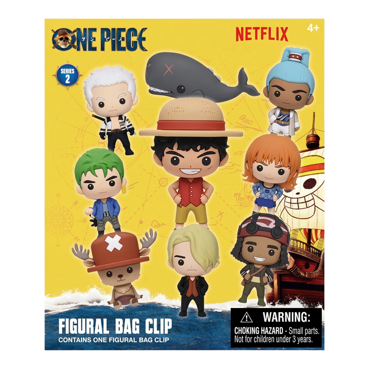 HypeSelection One Piece Netflix Series 2 blind bag featuring chibi 3D foam character clips and a whale figure.