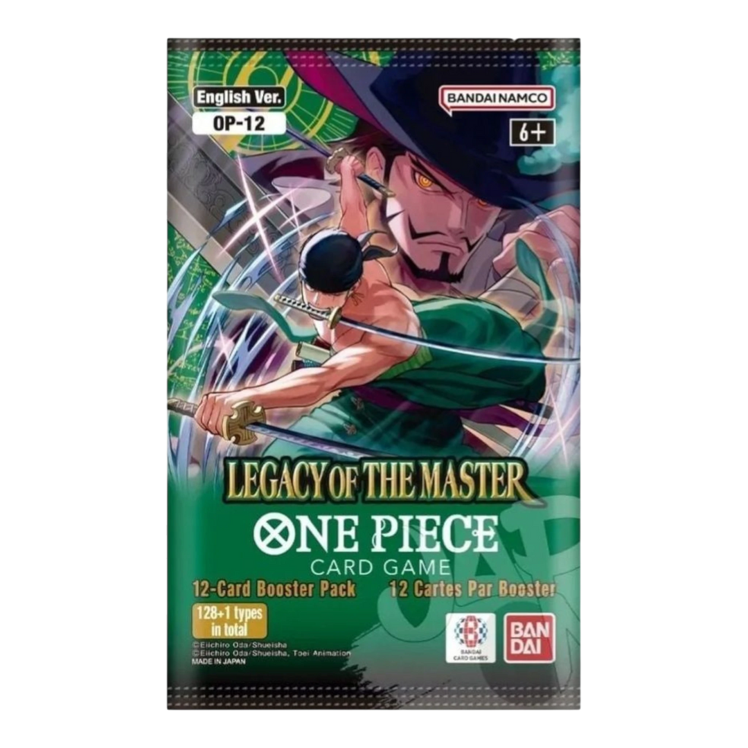 HypeSelection Bandai One Piece TCG: Legacy of the Master OP-12 booster pack featuring Zoro and Mihawk. Green and purple packaging.