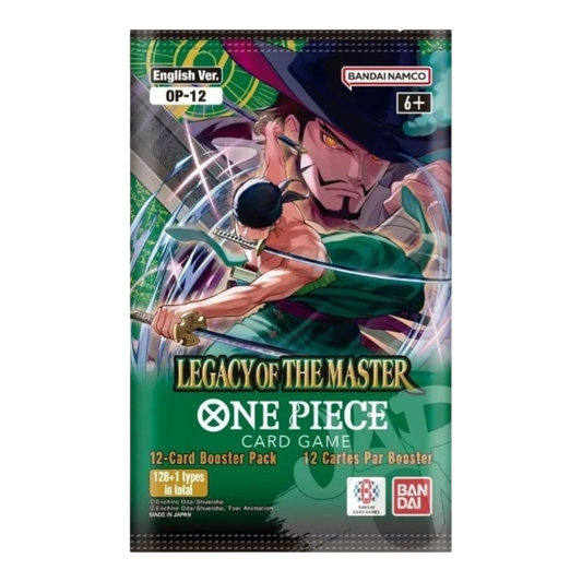 HypeSelection Bandai One Piece TCG: Legacy of the Master OP-12 booster pack featuring Zoro and Mihawk. Green and purple packaging.