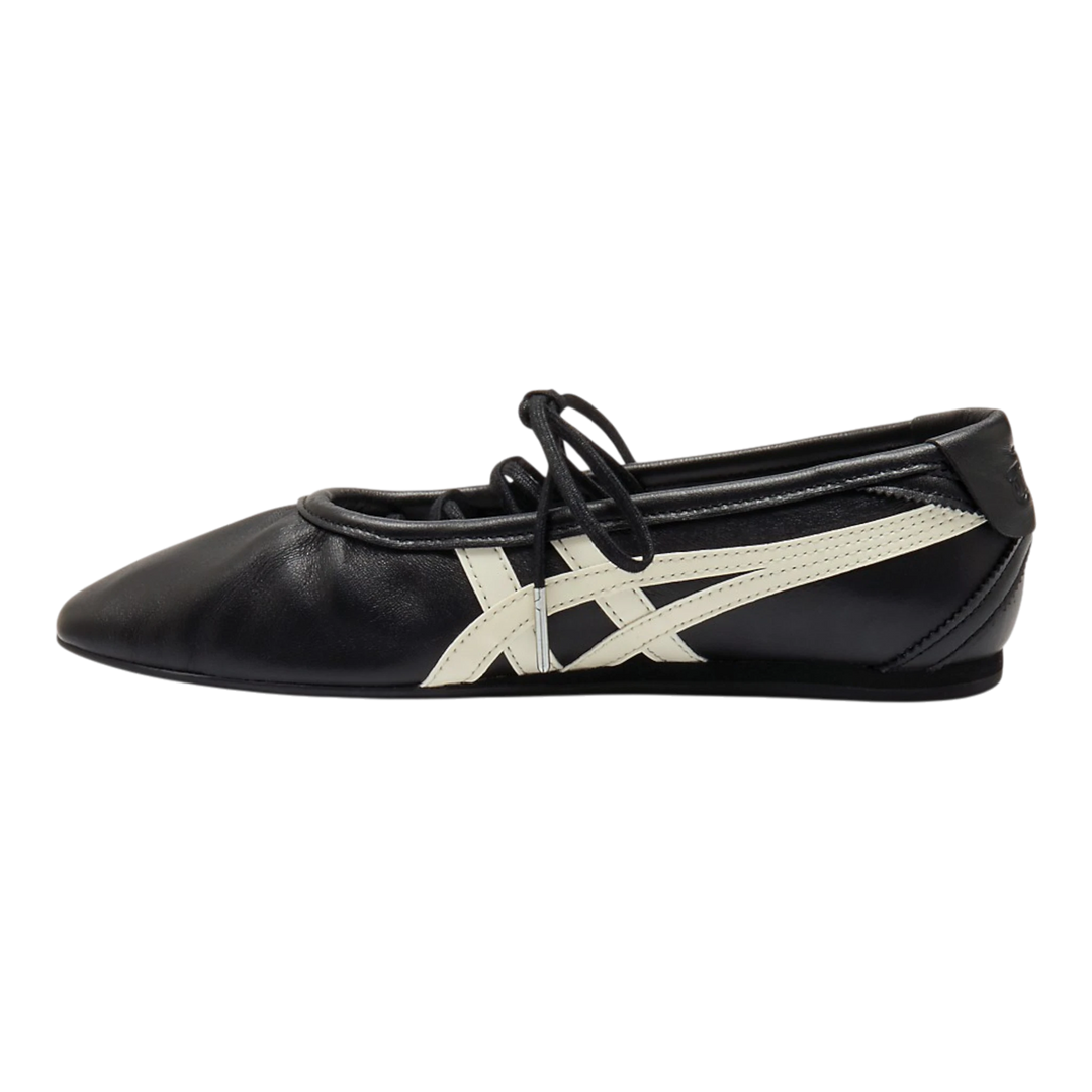 HypeSelection Onitsuka Tiger GYMNARINA black and cream leather ballet-inspired lace-up shoe with signature stripes.