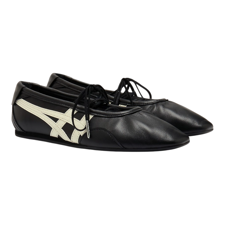 HypeSelection Onitsuka Tiger GYMNARINA ballet-inspired shoes in black leather with cream signature side stripes.