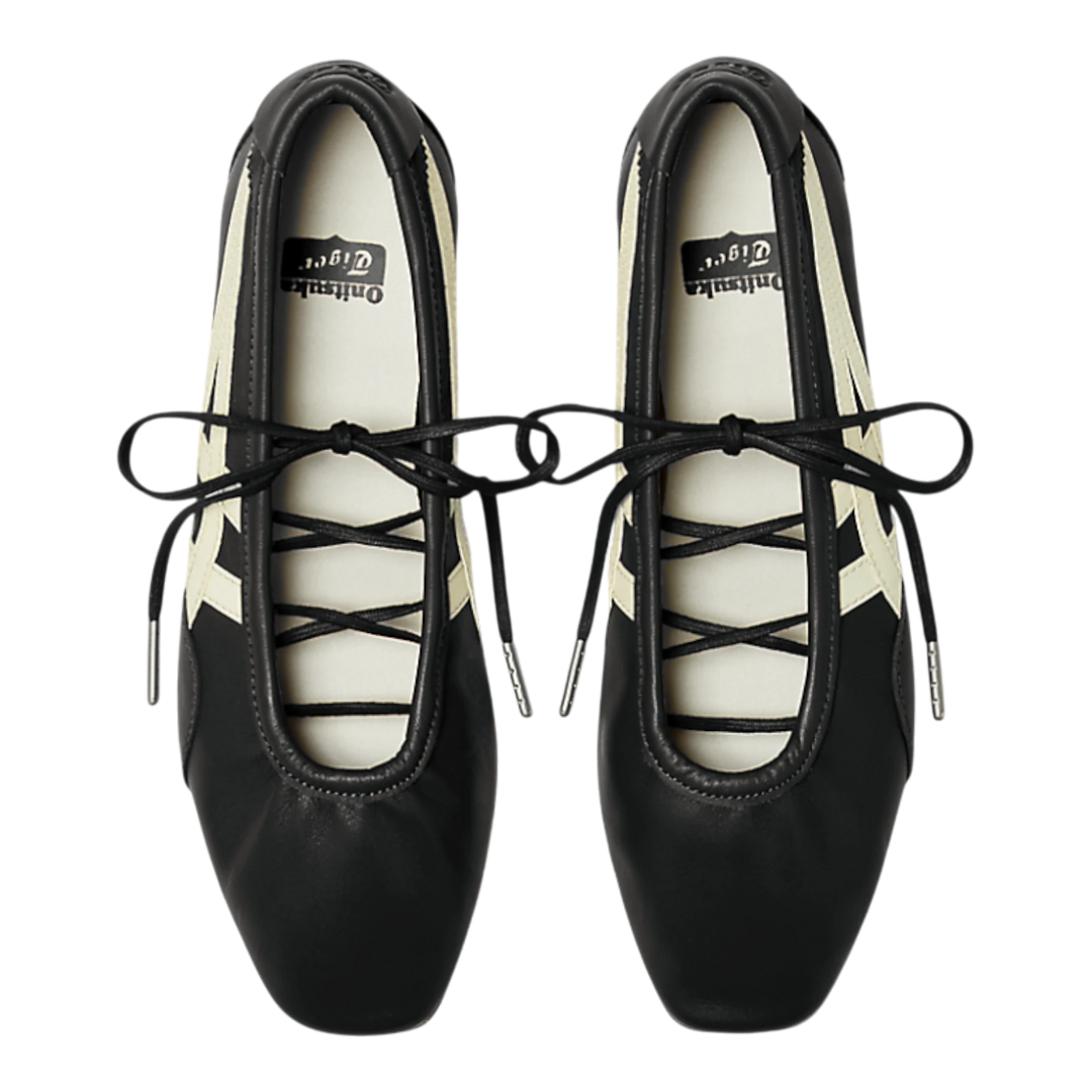 HypeSelection Onitsuka Tiger GYMNARINA ballet-inspired shoes in black leather with cream stripes and lace-up closure.
