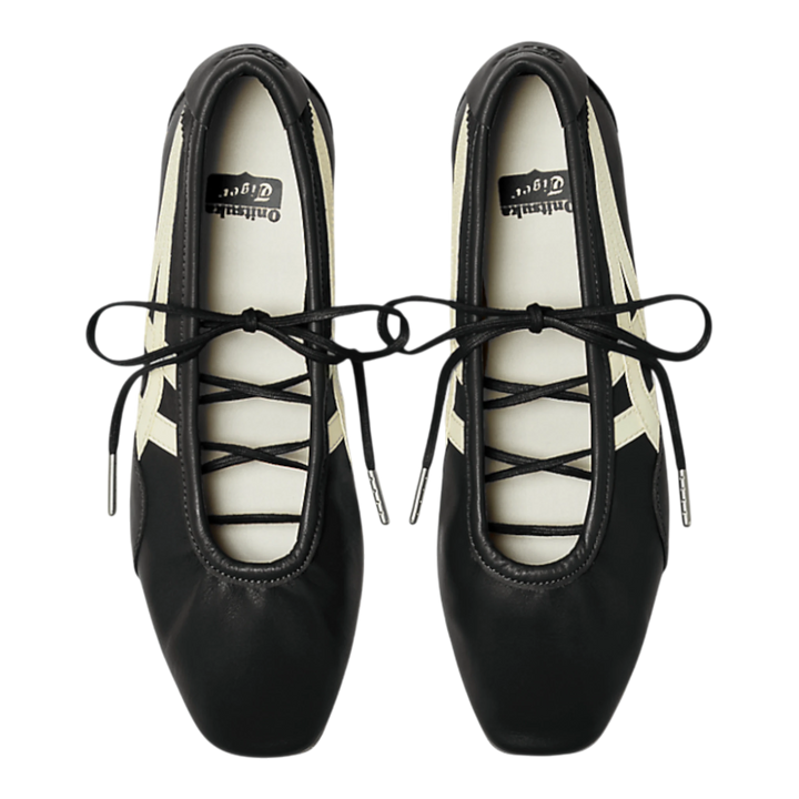 HypeSelection Onitsuka Tiger GYMNARINA ballet-inspired shoes in black leather with cream stripes and lace-up closure.