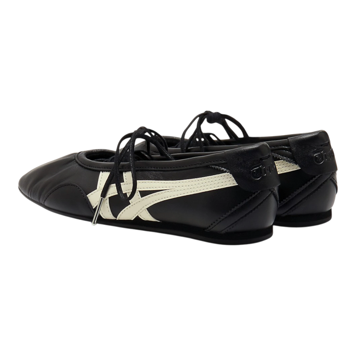 HypeSelection Onitsuka Tiger GYMNARINA ballet-inspired shoes in black leather with cream stripes and lace-up closure.