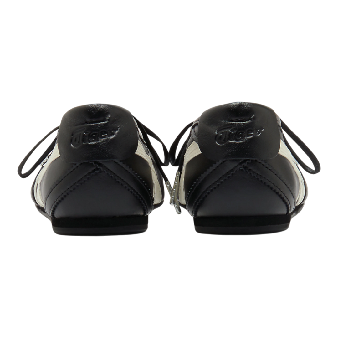HypeSelection Onitsuka Tiger GYMNARINA ballet-inspired shoes in black and cream leather, rear view showing heel detail.