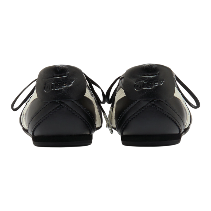 HypeSelection Onitsuka Tiger GYMNARINA ballet-inspired shoes in black and cream leather, rear view showing heel detail.