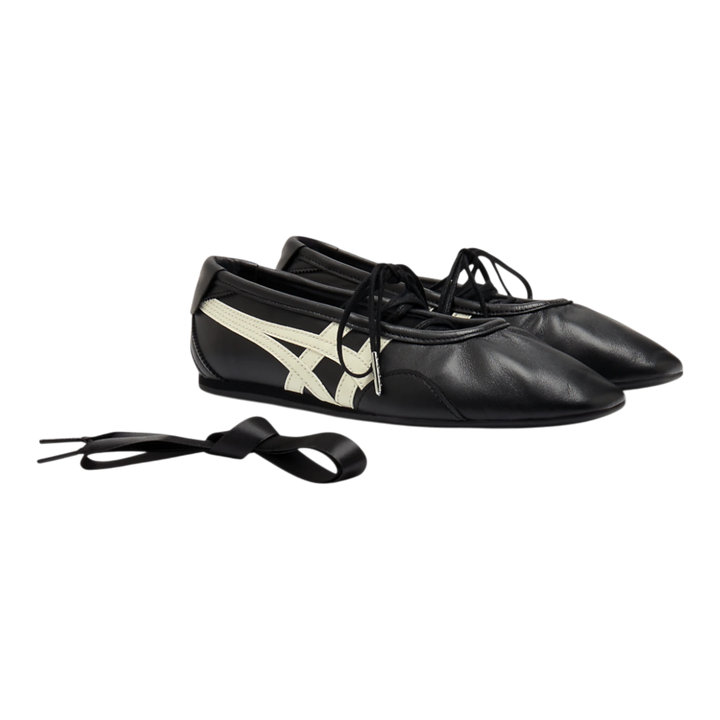 HypeSelection Onitsuka Tiger GYMNARINA ballet-inspired shoes in black leather with cream stripes and ribbon laces