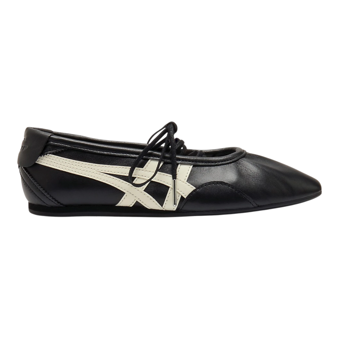 HypeSelection Onitsuka Tiger GYMNARINA ballet-inspired shoe in black leather with cream signature stripes and laces.