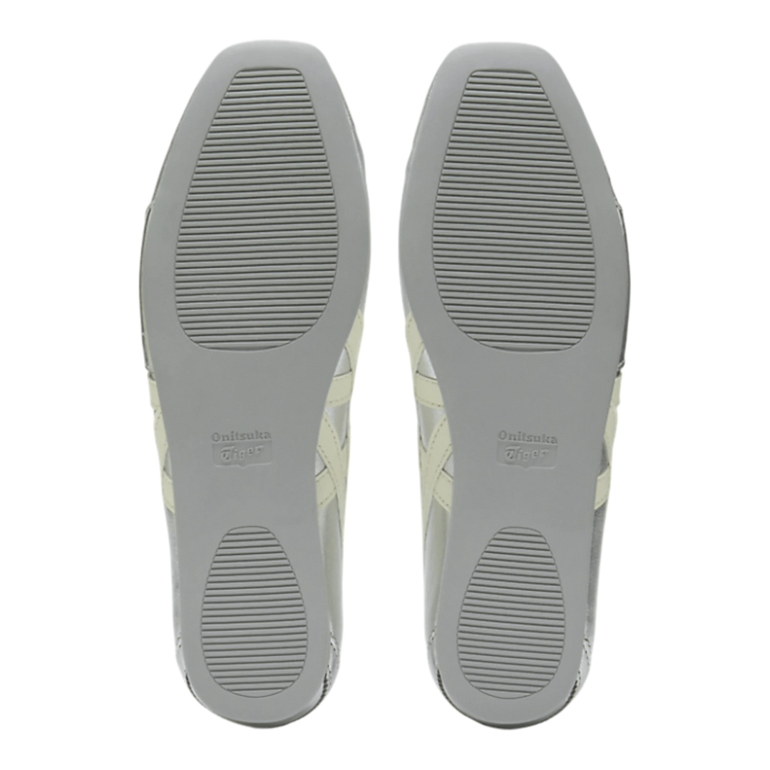 HypeSelection Onitsuka Tiger GYMNARINA silver and cream ballet-inspired sneakers showing the flexible rubber outsole