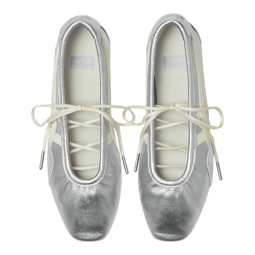 HypeSelection Onitsuka Tiger GYMNARINA ballet-inspired sneakers in silver and cream leather with flat laces