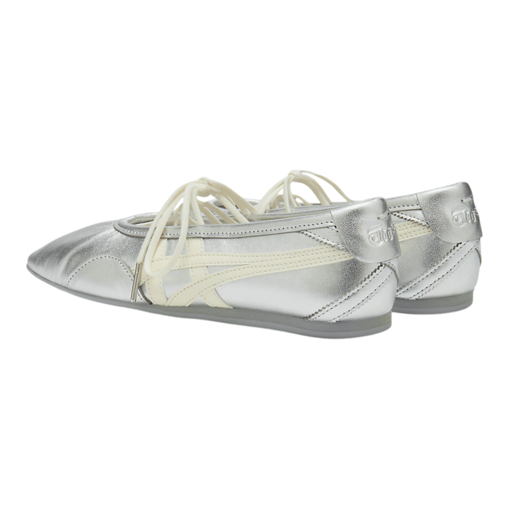 HypeSelection Onitsuka Tiger GYMNARINA silver and cream ballet-inspired sneakers with signature stripes and flat laces.