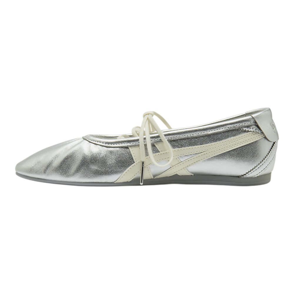 HypeSelection Onitsuka Tiger GYMNARINA ballet-inspired sneakers in metallic silver and cream leather with side stripes.
