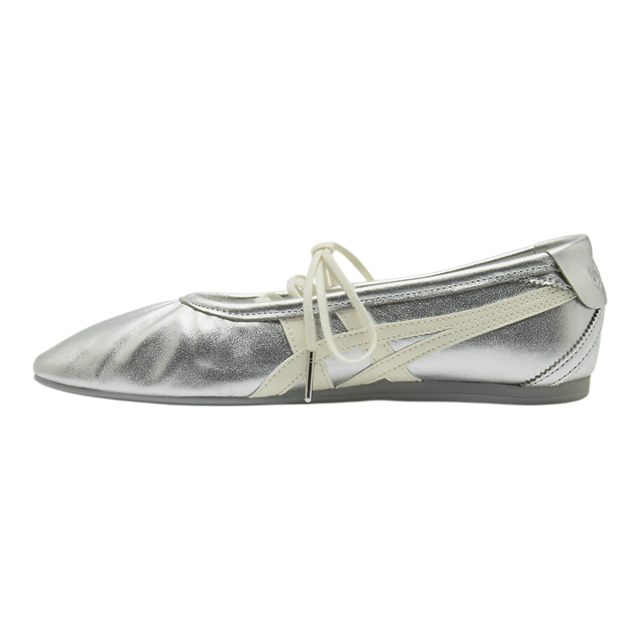 HypeSelection Onitsuka Tiger GYMNARINA ballet-inspired sneakers in metallic silver and cream leather with side stripes.