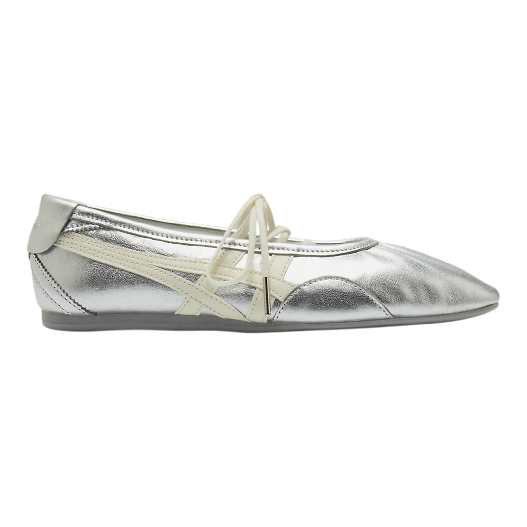 HypeSelection Onitsuka Tiger GYMNARINA silver and cream leather ballet-inspired sneaker with signature side stripes.