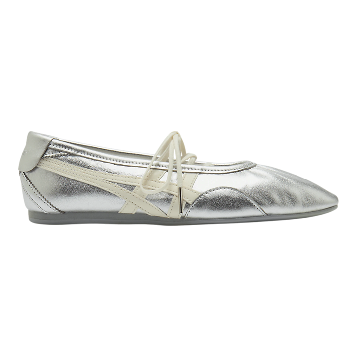 HypeSelection Onitsuka Tiger GYMNARINA silver and cream leather ballet-inspired sneaker with signature side stripes.