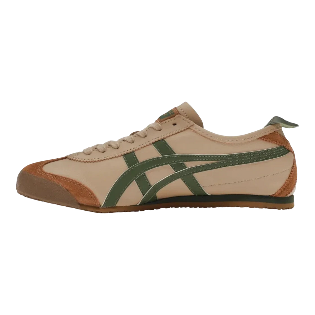 HypeSelection Onitsuka Tiger Mexico 66 beige leather sneakers with grass green stripes and brown suede accents. Low-profile design.