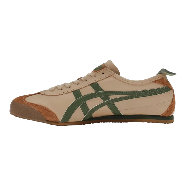 HypeSelection Onitsuka Tiger Mexico 66 beige leather sneakers with grass green stripes and brown suede accents. Low-profile design.
