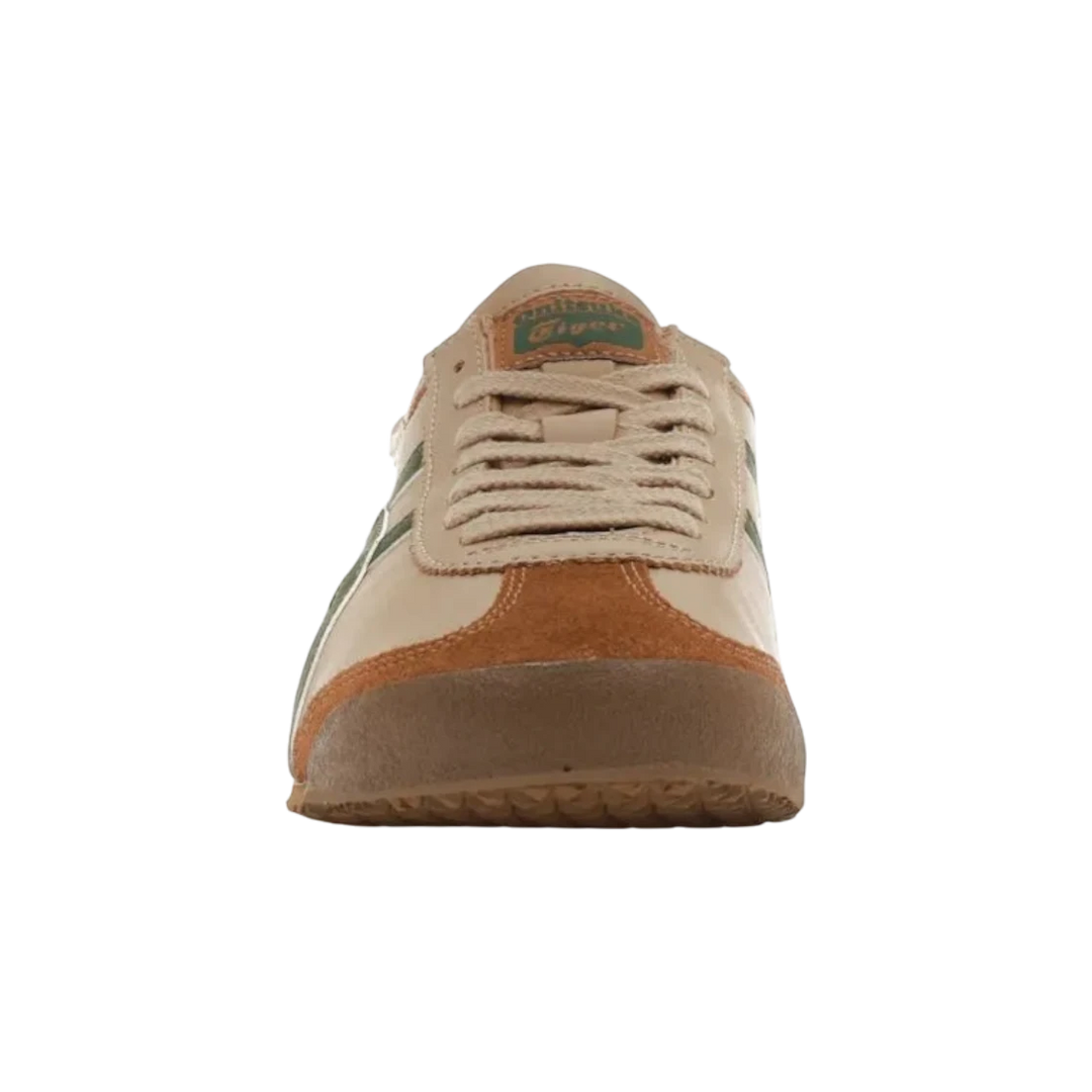 Onitsuka Tiger Mexico 66 beige leather sneakers with grass green stripes and brown suede accents. Low-profile design.