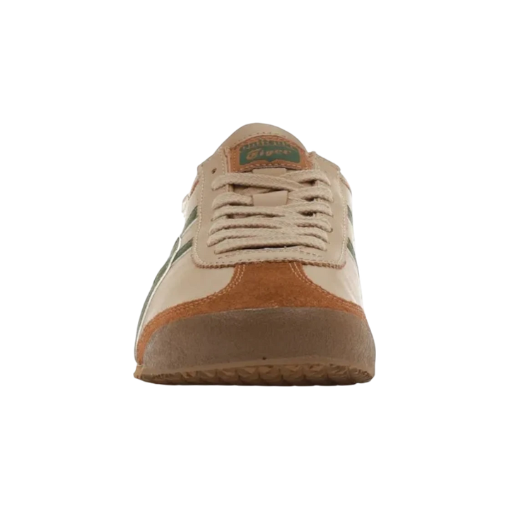 Onitsuka Tiger Mexico 66 beige leather sneakers with grass green stripes and brown suede accents. Low-profile design.