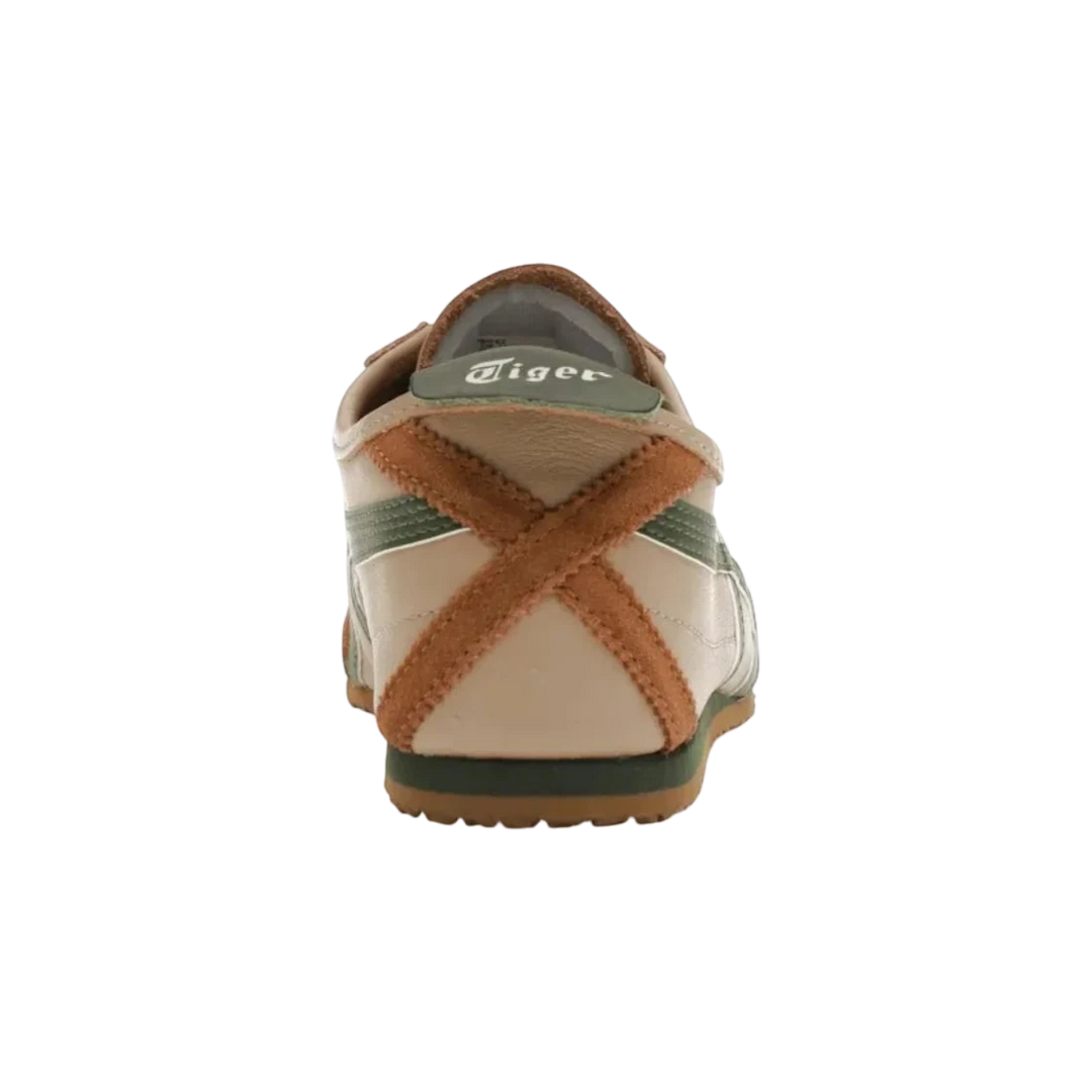 Onitsuka Tiger Mexico 66 beige leather sneakers with grass green accents and signature stripes, featuring a slim profile and rubber sole.