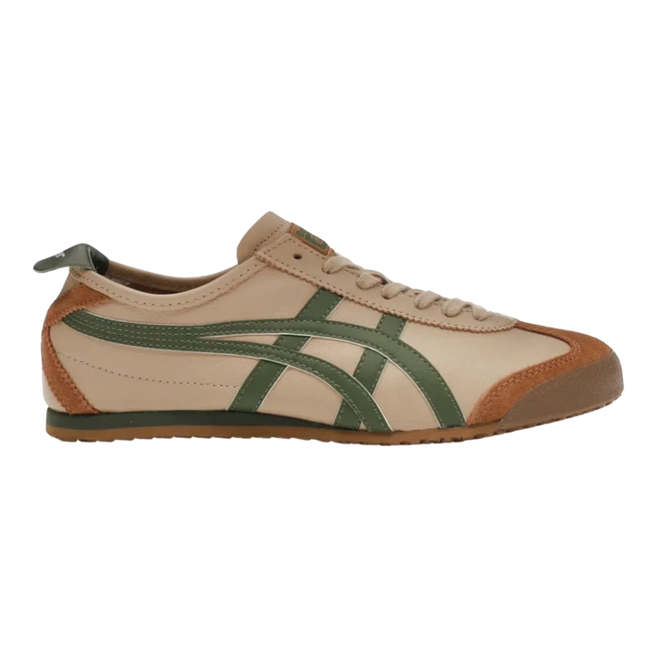 HypeSelection Onitsuka Tiger Mexico 66 beige leather sneakers with grass green stripes and brown accents. Low-profile design.