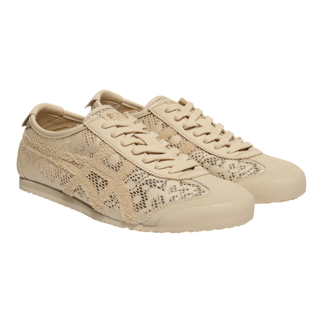 Onitsuka Tiger Mexico 66 Jacquard Mesh Beige sneakers with lace-like mesh upper and paisley pattern detail.