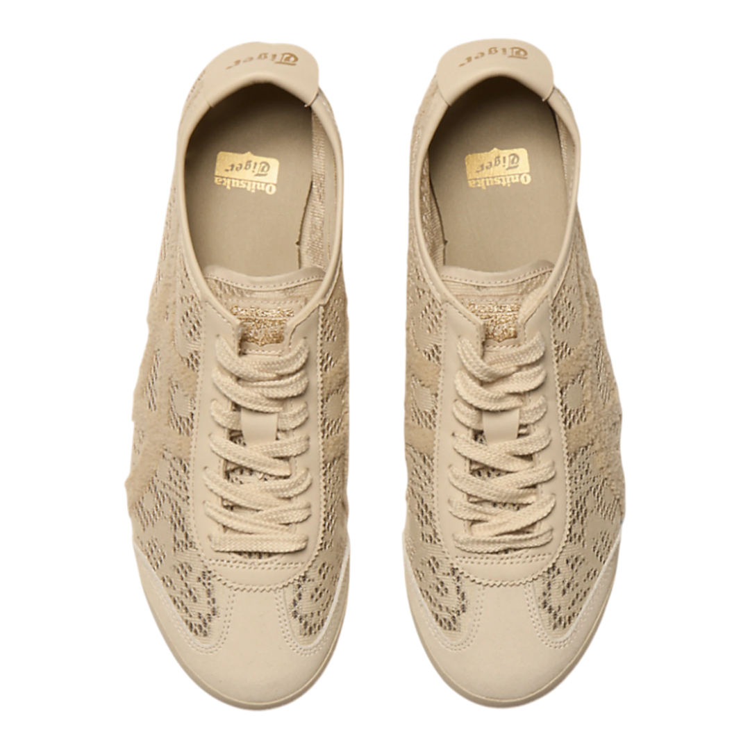 Onitsuka Tiger Mexico 66 Jacquard Mesh beige sneakers with lace-like pattern and paisley detailing. Low-profile retro style.