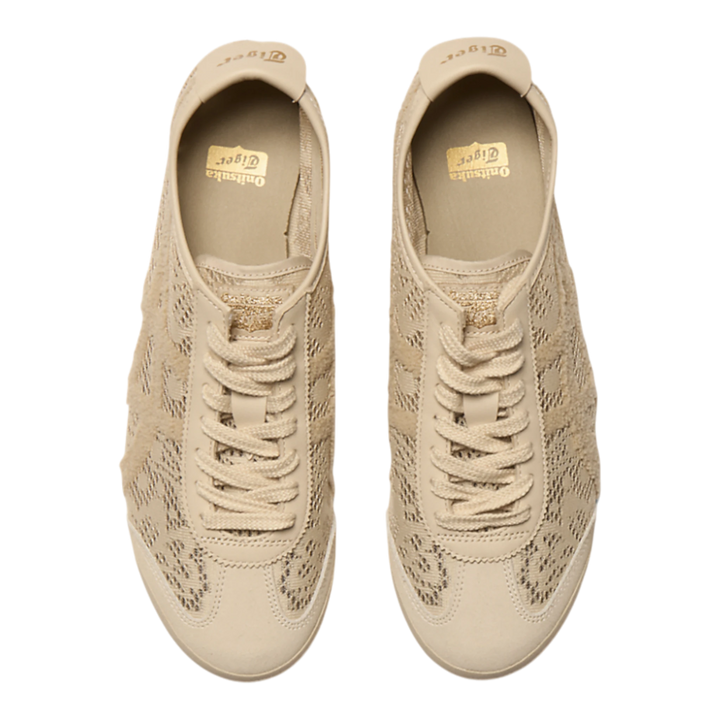 Onitsuka Tiger Mexico 66 Jacquard Mesh beige sneakers with lace-like pattern and paisley detailing. Low-profile retro style.