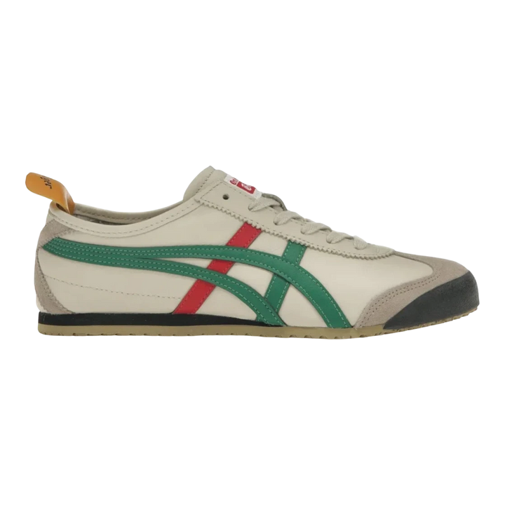 HypeSelection Onitsuka Tiger Mexico 66 birch leather sneakers with green and red stripes and grey suede accents.