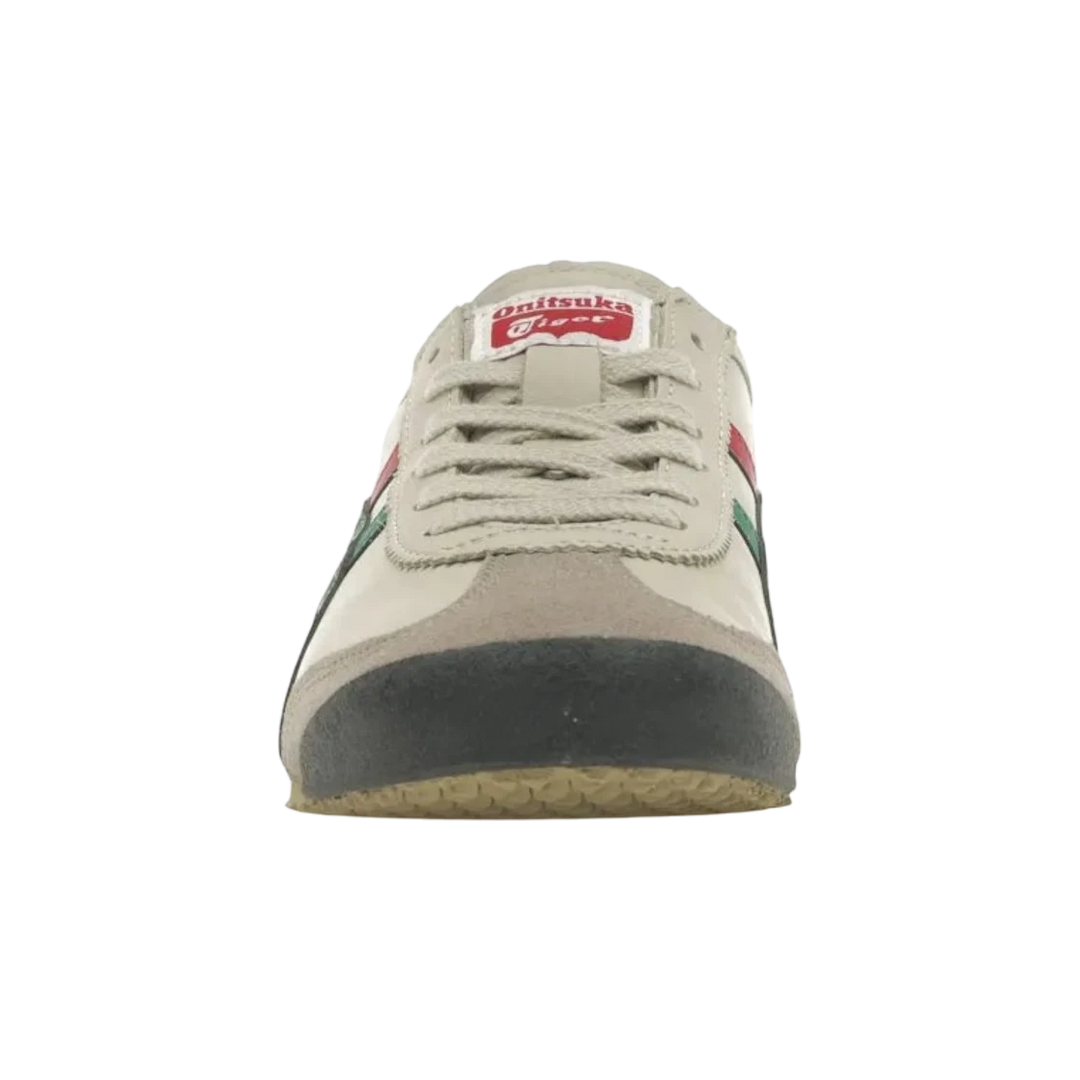 HypeSelection Onitsuka Tiger Mexico 66 sneakers in birch with green, red, and yellow stripes. Low-profile leather and suede design.