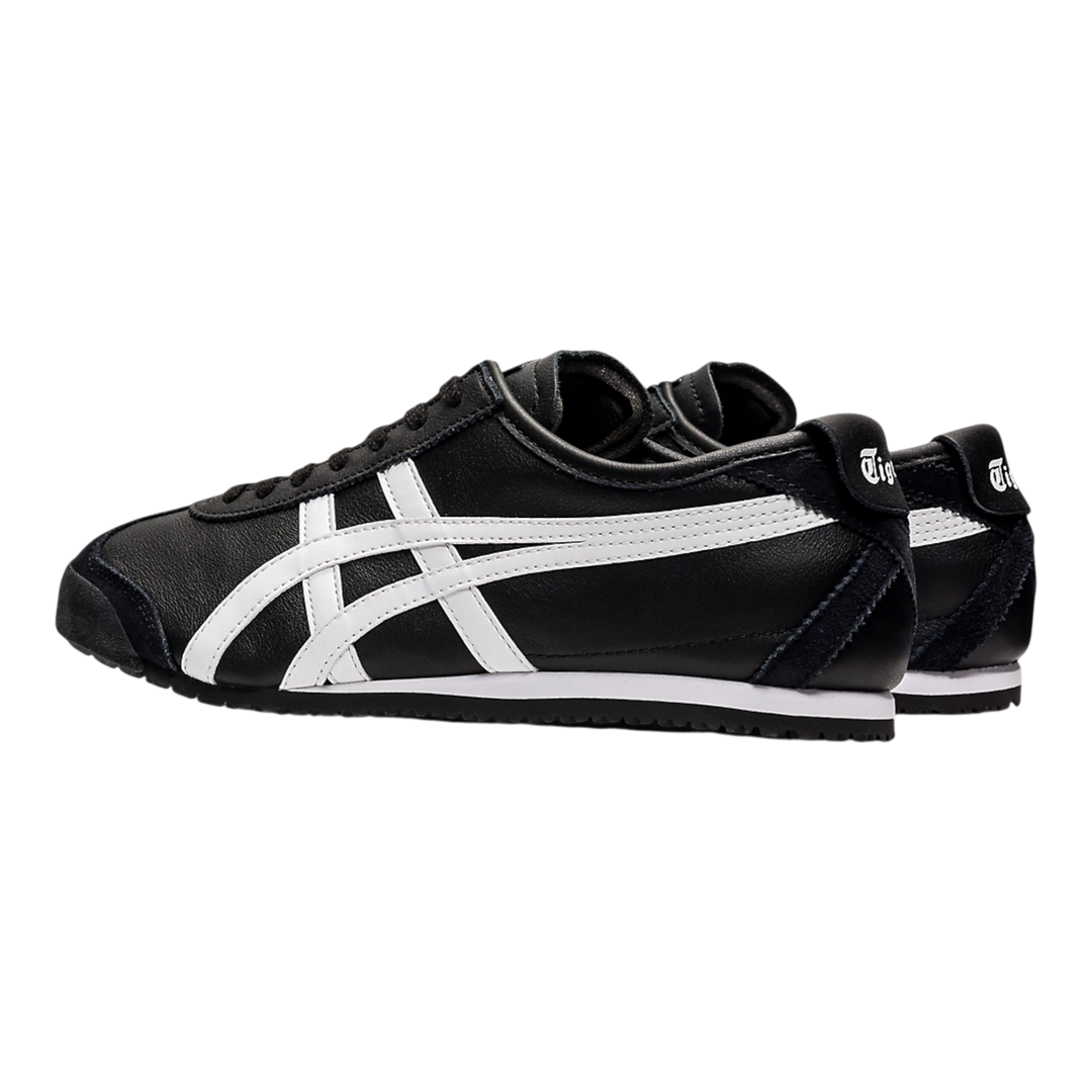 HypeSelection Onitsuka Tiger Mexico 66 black and white leather sneakers with suede accents and signature stripes.