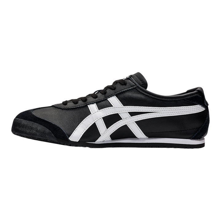 HypeSelection Onitsuka Tiger Mexico 66 black and white leather and suede low-profile sneakers with signature stripes.
