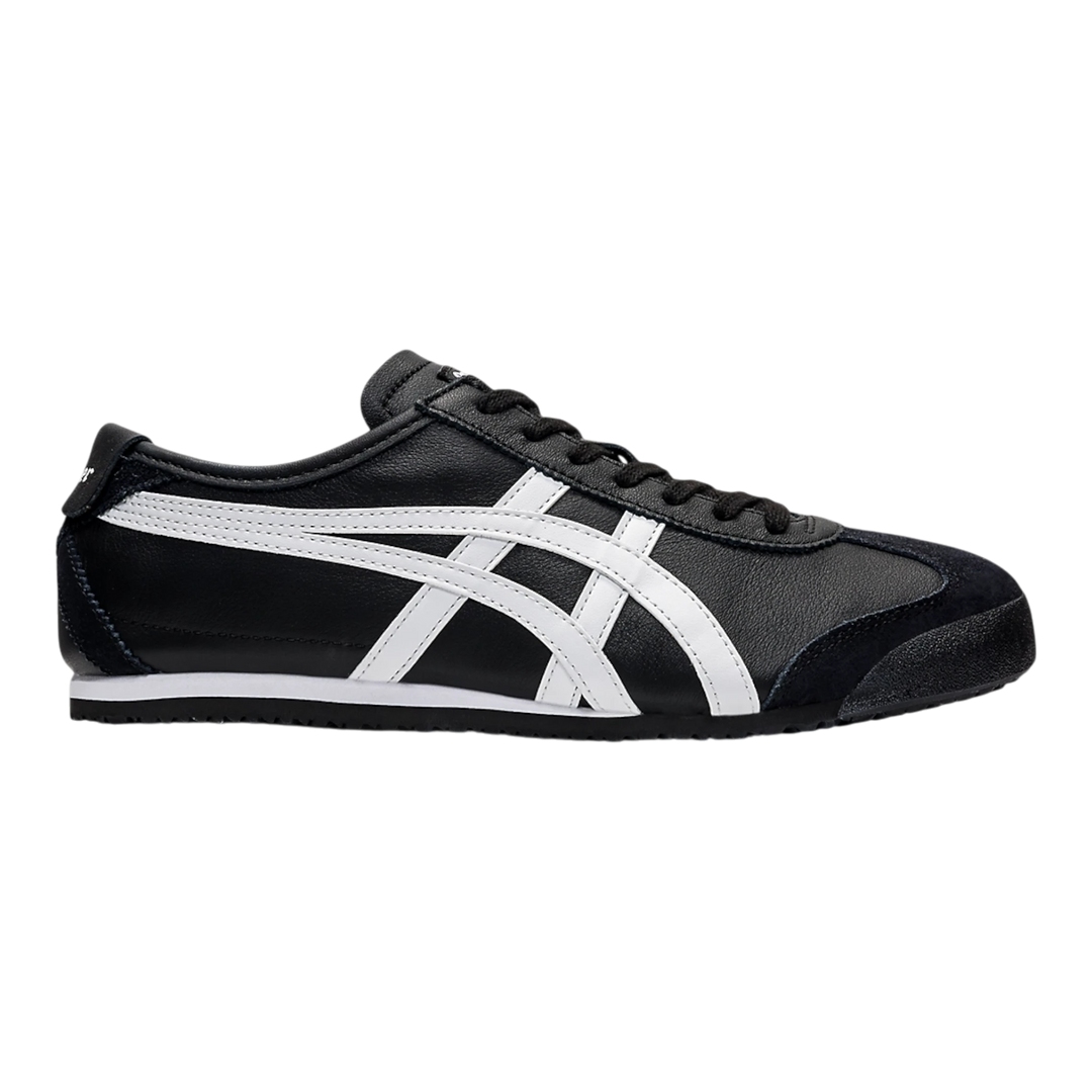 HypeSelection Onitsuka Tiger Mexico 66 black and white leather and suede low-profile sneakers with signature stripes.