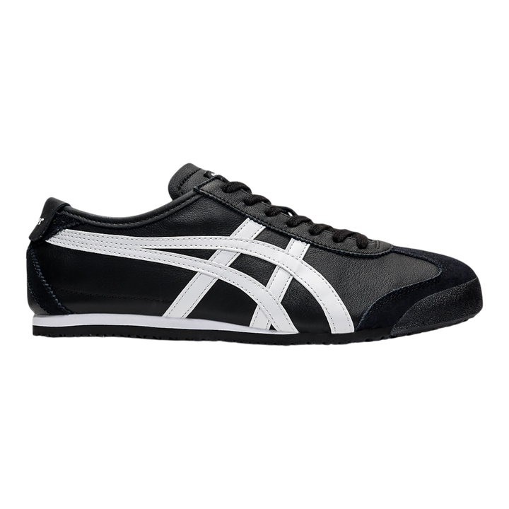 HypeSelection Onitsuka Tiger Mexico 66 black and white leather and suede low-profile sneakers with signature stripes.