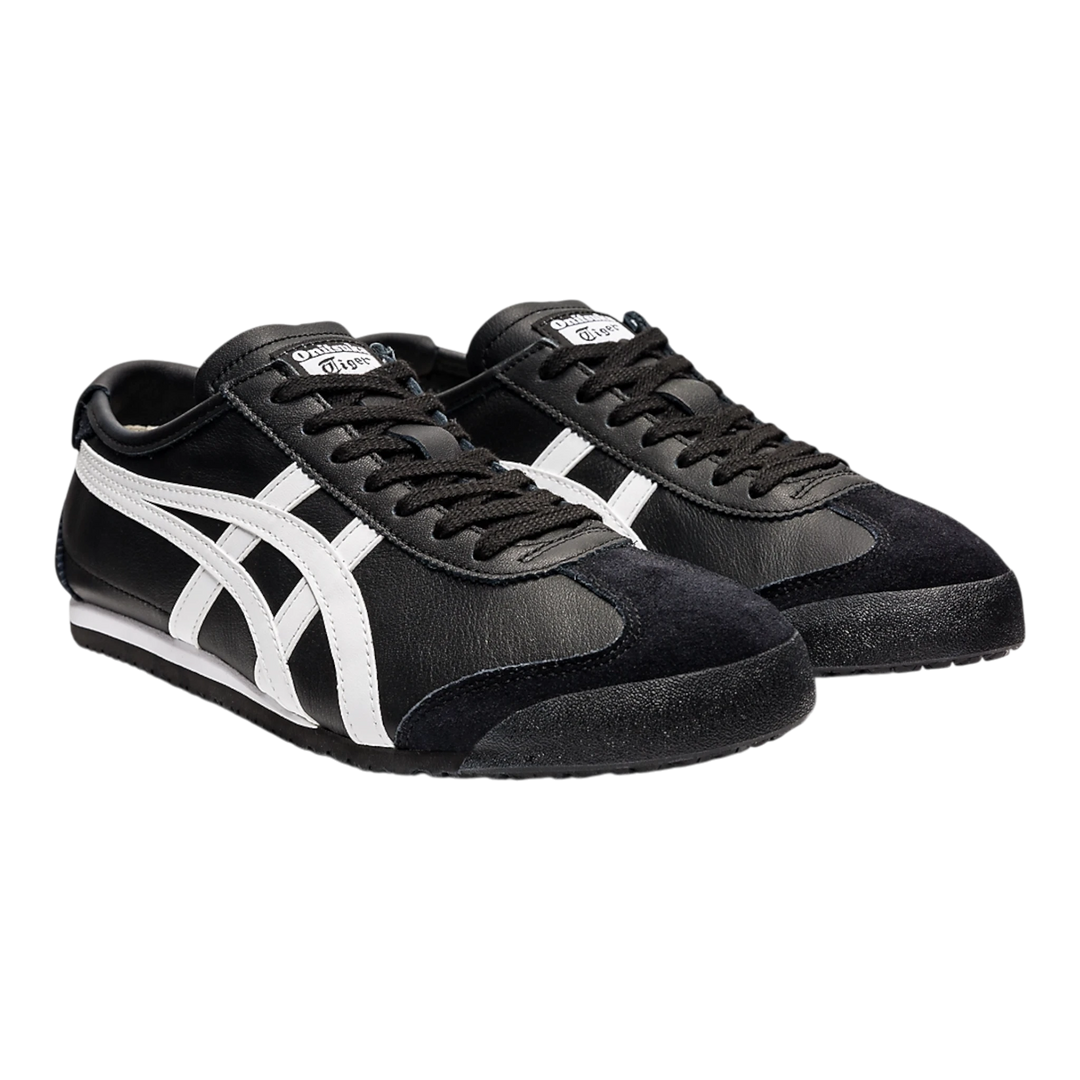 HypeSelection Onitsuka Tiger Mexico 66 black and white leather and suede sneakers with signature stripes.