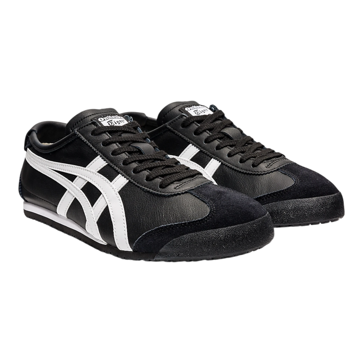HypeSelection Onitsuka Tiger Mexico 66 black and white leather and suede sneakers with signature stripes.