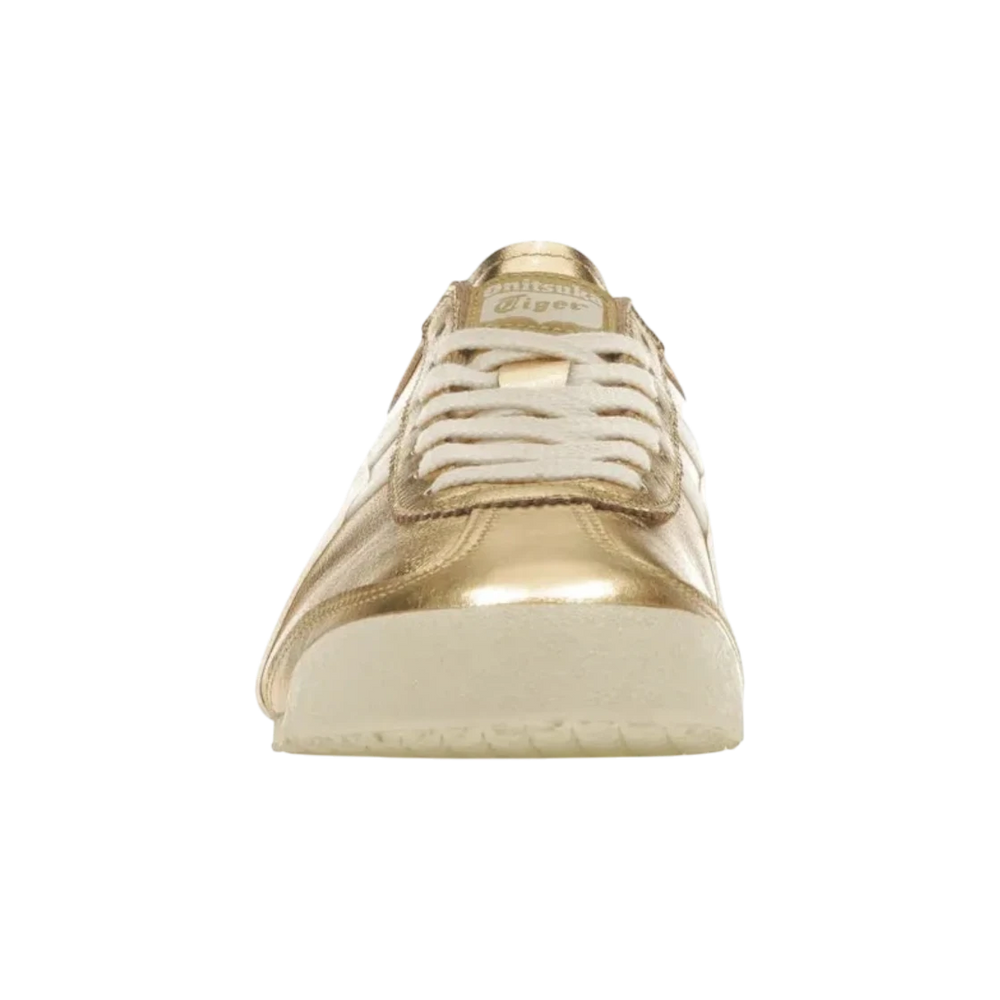 Onitsuka Tiger Mexico 66 gold and white leather sneakers with lace-up closure and signature stripes.