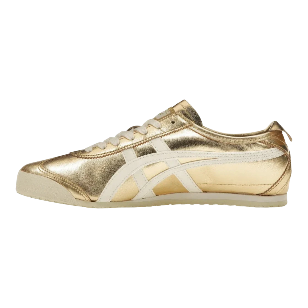 HypeSelection Onitsuka Tiger Mexico 66 gold and white leather sneakers with signature stripes and a low-profile silhouette.