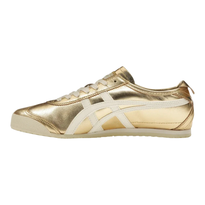 HypeSelection Onitsuka Tiger Mexico 66 gold and white leather sneakers with signature stripes and a low-profile silhouette.