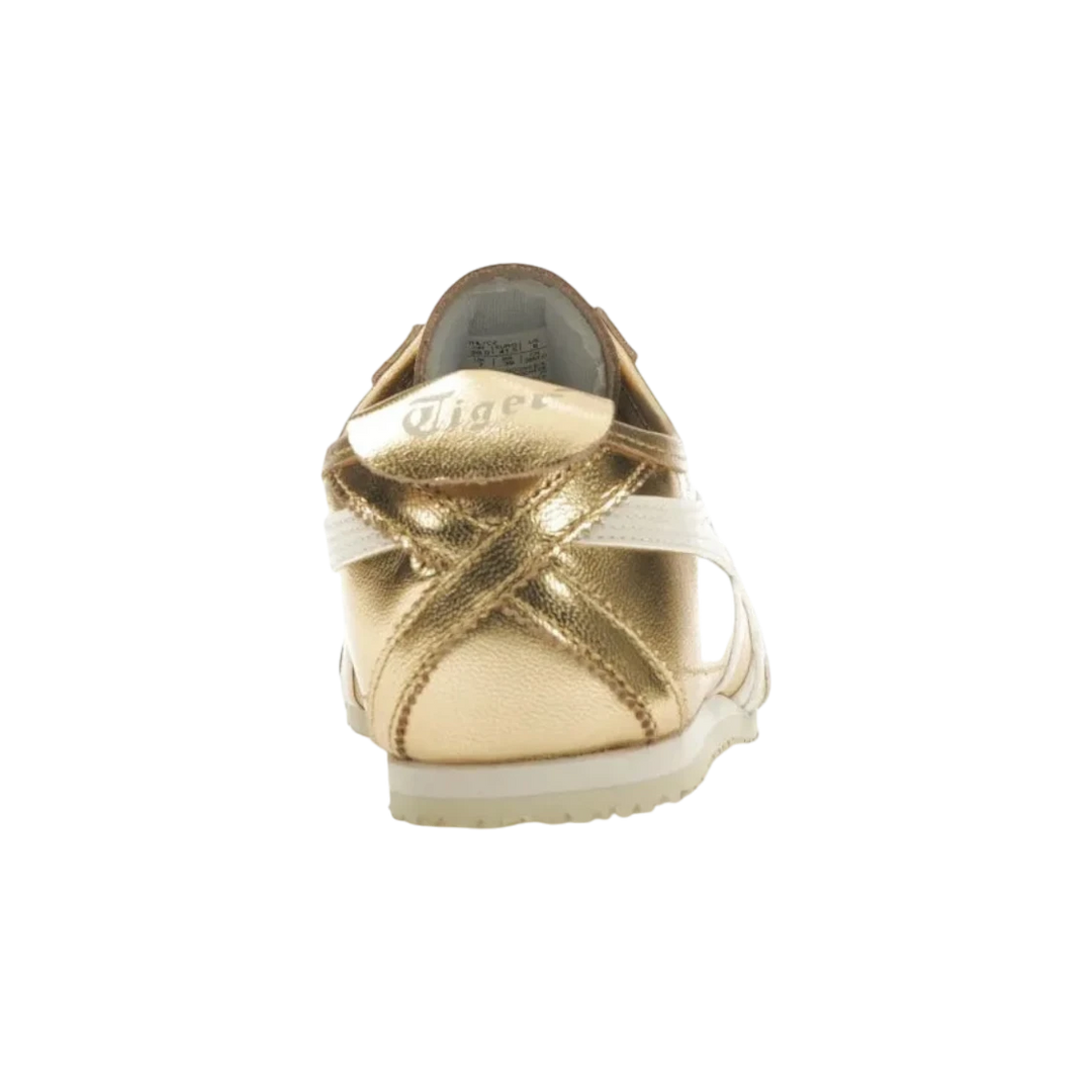 HypeSelection Onitsuka Tiger Mexico 66 gold white leather sneakers with signature stripes and low-profile silhouette.