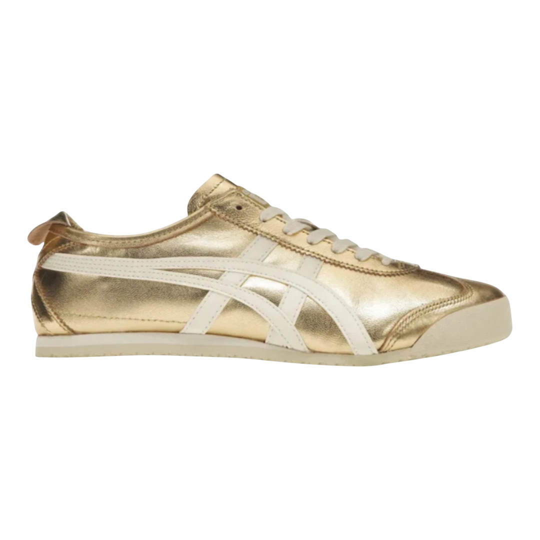 HypeSelection Onitsuka Tiger Mexico 66 gold and white leather sneakers with iconic side stripes and low-profile silhouette.