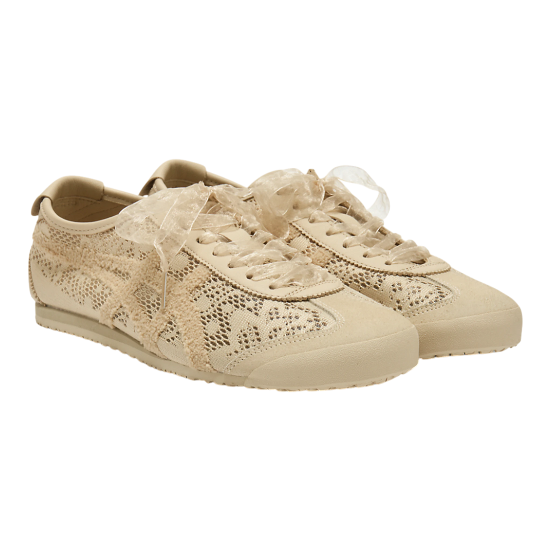 Onitsuka Tiger Mexico 66 Jacquard Mesh beige sneakers with lace-like overlay and sheer ribbon laces.