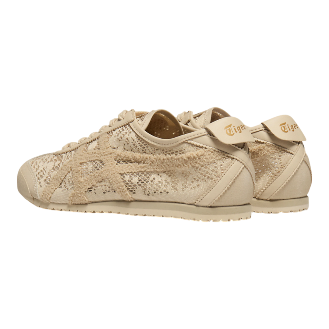 Onitsuka Tiger Mexico 66 Jacquard Mesh beige sneakers with lace-like mesh upper and paisley pattern detail.